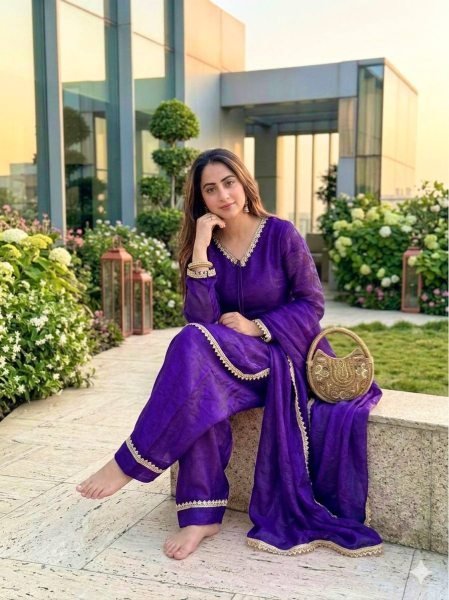 Tailored Purple Fendi Satin Silk Suit with Sequin and Zari Dupatta at Factory Price Ready To Wear Collection