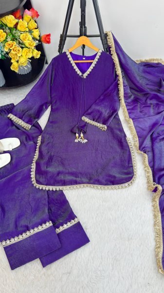 Tailored Purple Fendi Satin Silk Suit with Sequin and Zari Dupatta at Factory Price Ready To Wear Collection