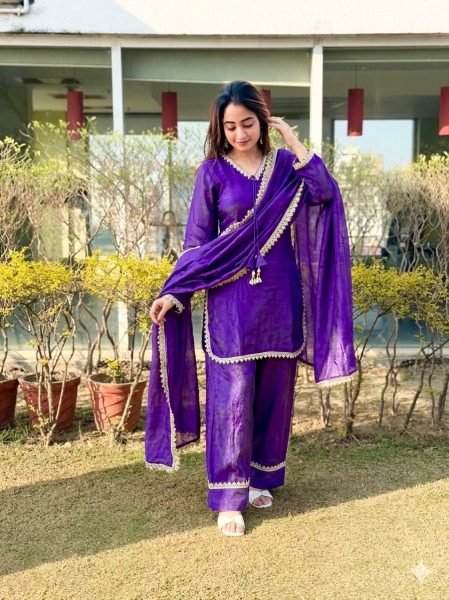 Tailored Purple Fendi Satin Silk Suit with Sequin and Zari Dupatta at Factory Price Ready To Wear Collection