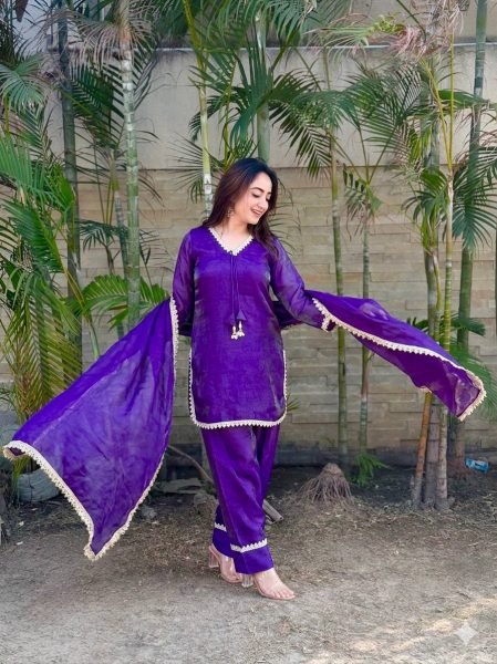 Tailored Purple Fendi Satin Silk Suit with Sequin and Zari Dupatta at Factory Price Ready To Wear Collection