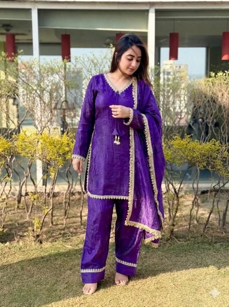 Tailored Purple Fendi Satin Silk Suit with Sequin and Zari Dupatta at Factory Price Ready To Wear Collection