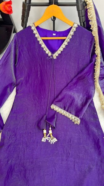 Tailored Purple Fendi Satin Silk Suit with Sequin and Zari Dupatta at Factory Price Ready To Wear Collection