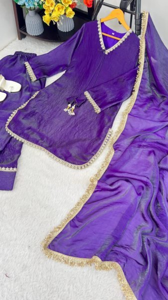 Tailored Purple Fendi Satin Silk Suit with Sequin and Zari Dupatta at Factory Price Ready To Wear Collection