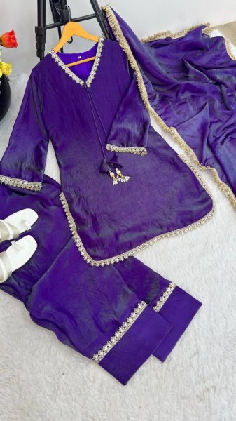 Tailored Purple Fendi Satin Silk Suit with Sequin and Zari Dupatta at Factory Price Ready To Wear Collection