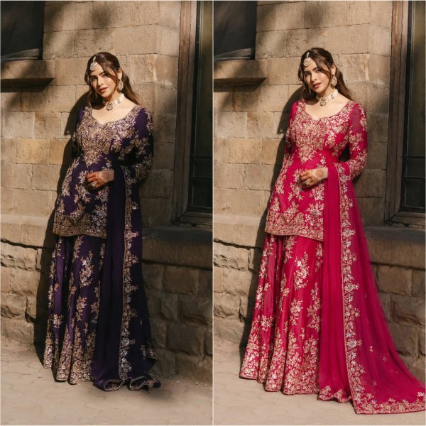Tailored Rani Pink Designer Chinon Kurti with Embroidered Palazzo & Georgette Dupatta Ready To Wear Collection