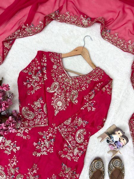 Tailored Rani Pink Designer Chinon Kurti with Embroidered Palazzo & Georgette Dupatta Ready To Wear Collection