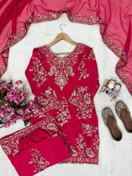 Tailored Rani Pink Designer Chinon Kurti with Embroidered Palazzo & Georgette Dupatta Ready To Wear Collection