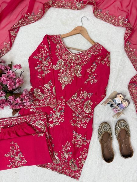 Tailored Rani Pink Designer Chinon Kurti with Embroidered Palazzo & Georgette Dupatta Ready To Wear Collection