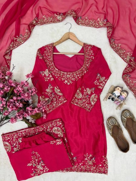 Tailored Rani Pink Designer Chinon Kurti with Embroidered Palazzo & Georgette Dupatta Ready To Wear Collection