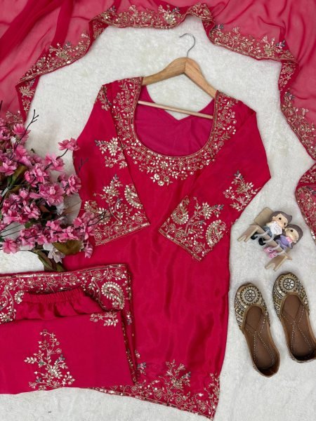 Tailored Rani Pink Designer Chinon Kurti with Embroidered Palazzo & Georgette Dupatta Ready To Wear Collection