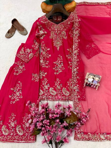Tailored Rani Pink Designer Chinon Kurti with Embroidered Palazzo & Georgette Dupatta Ready To Wear Collection