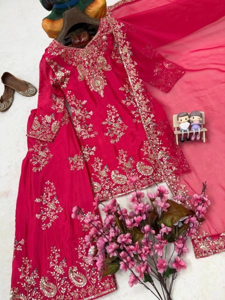 Tailored Rani Pink Designer Chinon Kurti with Embroidered Palazzo & Georgette Dupatta Ready To Wear Collection