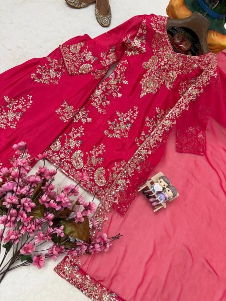 Tailored Rani Pink Designer Chinon Kurti with Embroidered Palazzo & Georgette Dupatta Ready To Wear Collection