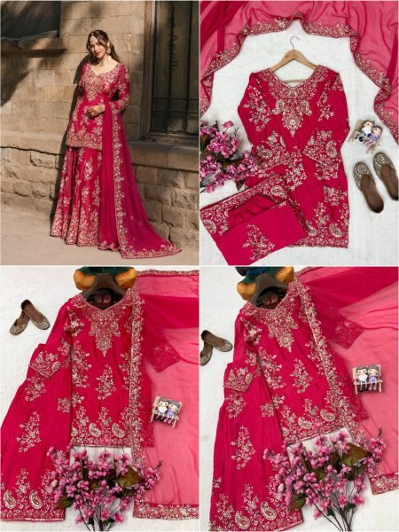 Tailored Rani Pink Designer Chinon Kurti with Embroidered Palazzo & Georgette Dupatta Ready To Wear Collection