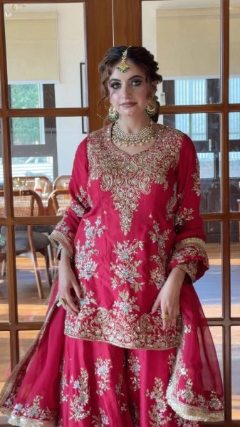 Tailored Rani Pink Designer Chinon Kurti with Embroidered Palazzo & Georgette Dupatta Ready To Wear Collection