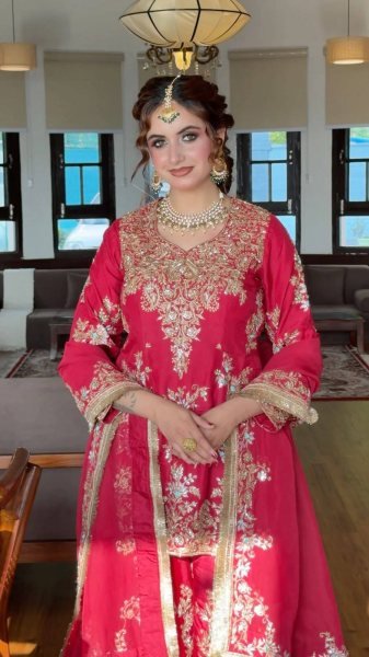 Tailored Rani Pink Designer Chinon Kurti with Embroidered Palazzo & Georgette Dupatta Ready To Wear Collection