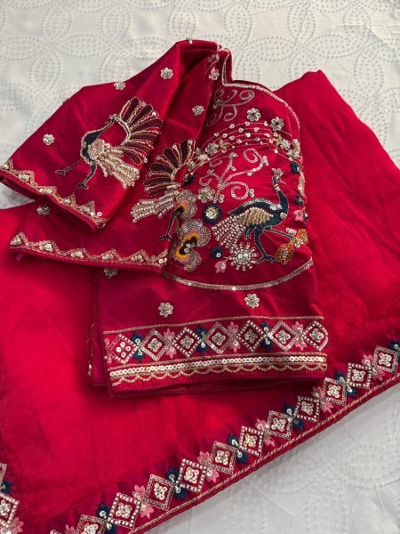 Tailored Red Heavy Beads Embroidered Saree at Manufacturer Price Designer Wedding Sarees Wholesale