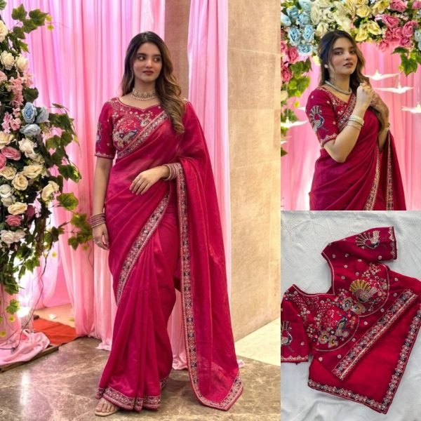 Tailored Red Heavy Beads Embroidered Saree at Manufacturer Price Designer Wedding Sarees Wholesale