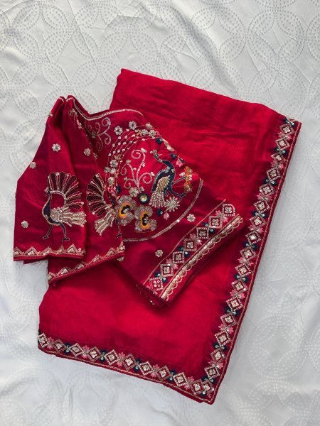 Tailored Red Heavy Beads Embroidered Saree at Manufacturer Price Designer Wedding Sarees Wholesale