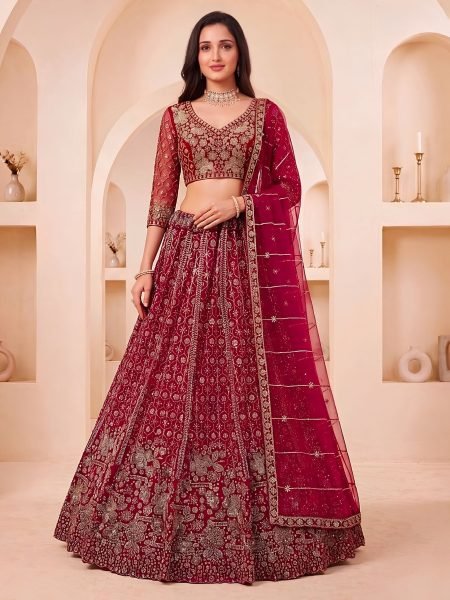 Tailored Red Net Lehenga Choli with Crystal Motif Handwork and Sequins Embroidery For Bridal  