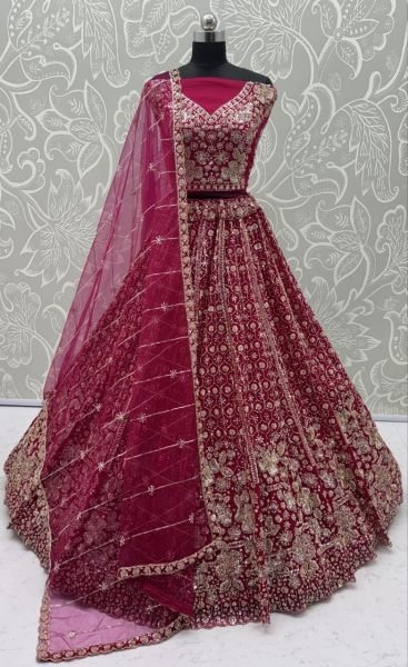 Tailored Red Net Lehenga Choli with Crystal Motif Handwork and Sequins Embroidery For Bridal  Bridal Lehenga Choli