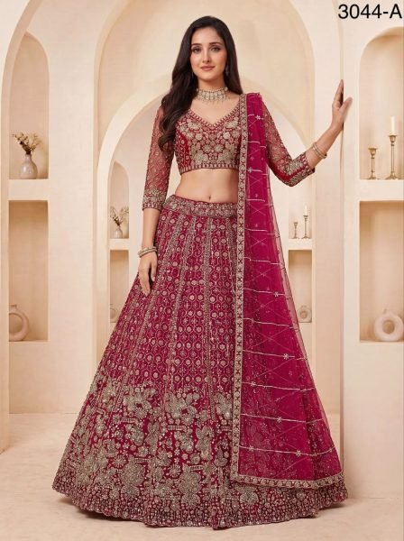 Tailored Red Net Lehenga Choli with Crystal Motif Handwork and Sequins Embroidery For Bridal  Bridal Lehenga Choli