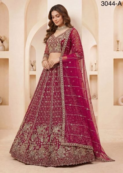 Tailored Red Net Lehenga Choli with Crystal Motif Handwork and Sequins Embroidery For Bridal  Bridal Lehenga Choli