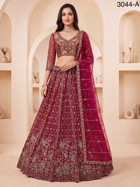 Tailored Red Net Lehenga Choli with Crystal Motif Handwork and Sequins Embroidery For Bridal  Bridal Lehenga Choli