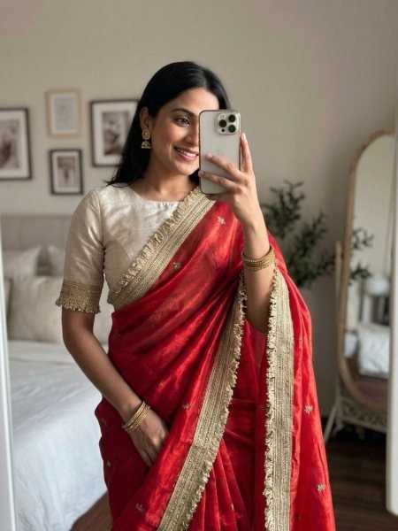 Tailored Red Royal Multi Sequin Space Silk Saree with Designer Contrast Blouse Sarees 