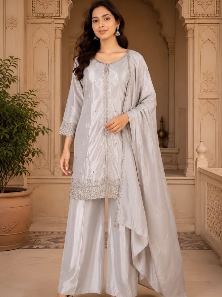 Tailored Silver PUC Silk Kurti Pant Dupatta Set with Semi Beads Embroidery 