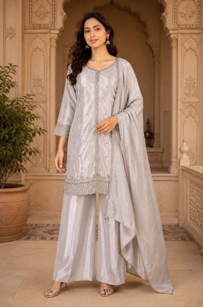 Tailored Silver PUC Silk Kurti Pant Dupatta Set with Semi Beads Embroidery Ready To Wear Collection