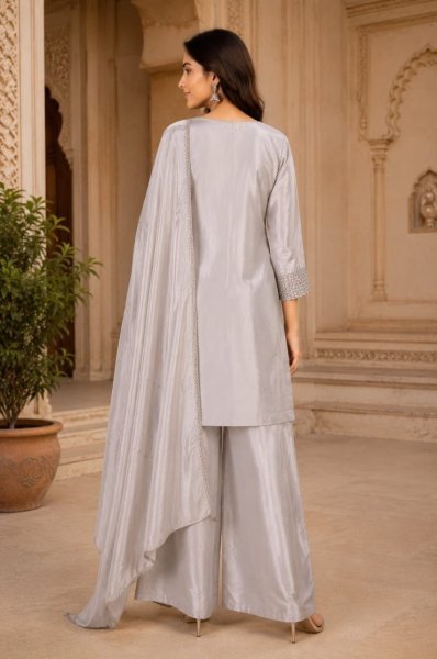 Tailored Silver PUC Silk Kurti Pant Dupatta Set with Semi Beads Embroidery Ready To Wear Collection