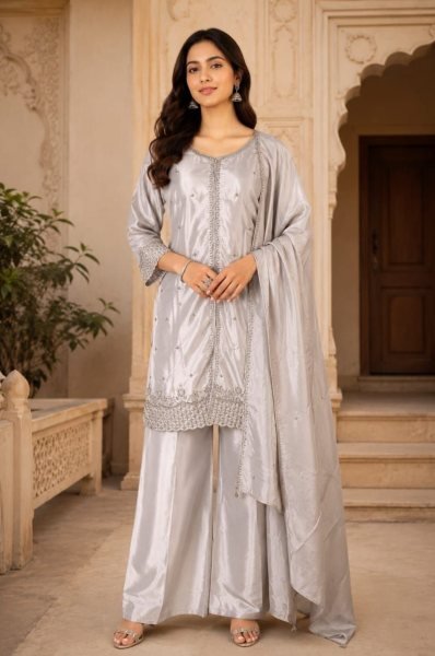 Tailored Silver PUC Silk Kurti Pant Dupatta Set with Semi Beads Embroidery Ready To Wear Collection