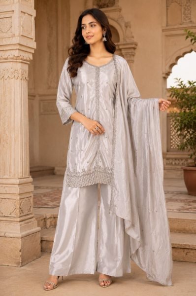 Tailored Silver PUC Silk Kurti Pant Dupatta Set with Semi Beads Embroidery Ready To Wear Collection