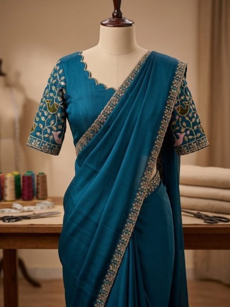 Tailored Teal Blue Designer Rangoli Fabric Saree with Sequence Embroidery Work