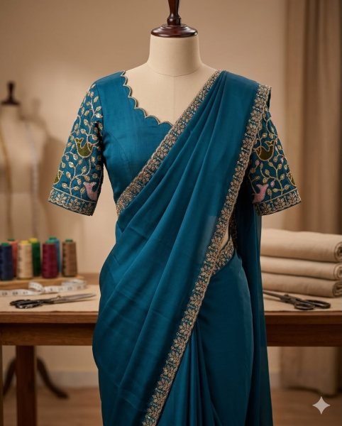 Tailored Teal Blue Designer Rangoli Fabric Saree with Sequence Embroidery Work Embroidery Sarees Wholesale