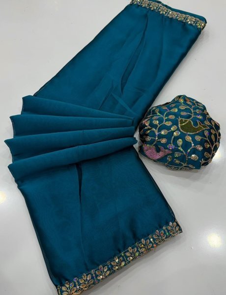 Tailored Teal Blue Designer Rangoli Fabric Saree with Sequence Embroidery Work Embroidery Sarees Wholesale