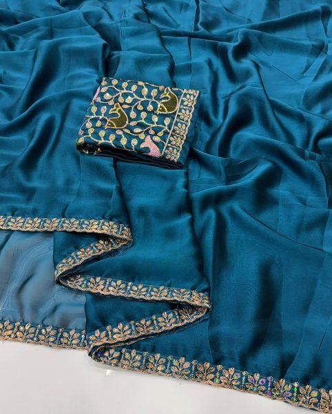 Tailored Teal Blue Designer Rangoli Fabric Saree with Sequence Embroidery Work Embroidery Sarees Wholesale