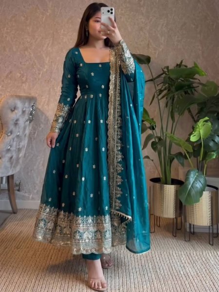 Tailored Teal Blue Two Tone Fandy Silk Gown Collection with Boutique Quality Finish 