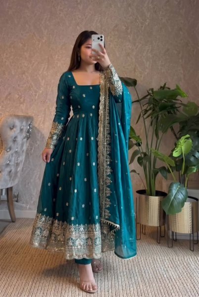 Tailored Teal Blue Two Tone Fandy Silk Gown Collection with Boutique Quality Finish Ready To Wear Collection