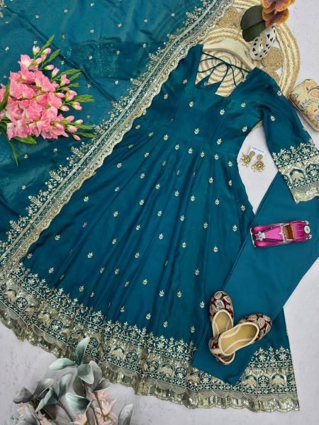 Tailored Teal Blue Two Tone Fandy Silk Gown Collection with Boutique Quality Finish Ready To Wear Collection