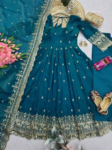 Tailored Teal Blue Two Tone Fandy Silk Gown Collection with Boutique Quality Finish Ready To Wear Collection