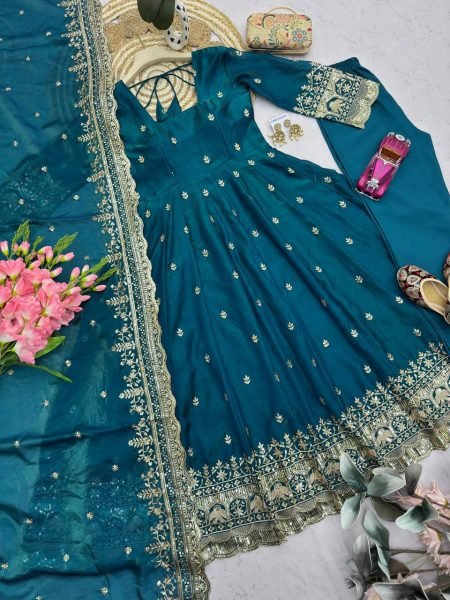 Tailored Teal Blue Two Tone Fandy Silk Gown Collection with Boutique Quality Finish Ready To Wear Collection
