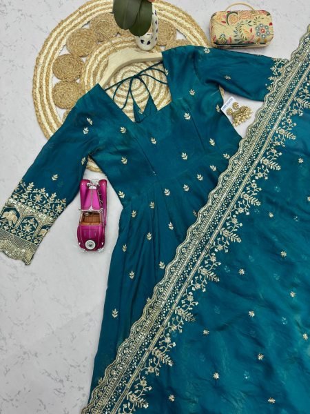 Tailored Teal Blue Two Tone Fandy Silk Gown Collection with Boutique Quality Finish Ready To Wear Collection