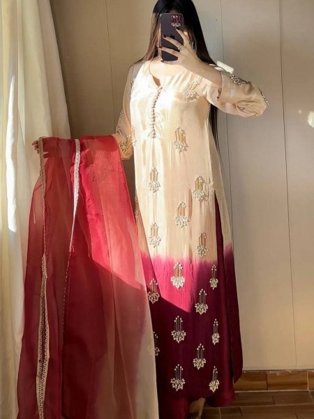 Tailored White Chinnon Silk Suit Set with Beads and Moti Work for Wedding Wear 