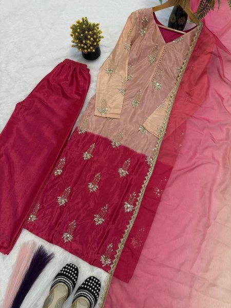 Tailored White Chinnon Silk Suit Set with Beads and Moti Work for Wedding Wear Ready To Wear Collection