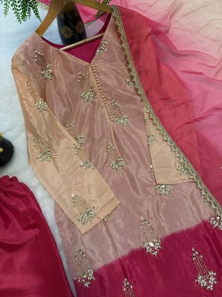 Tailored White Chinnon Silk Suit Set with Beads and Moti Work for Wedding Wear Ready To Wear Collection