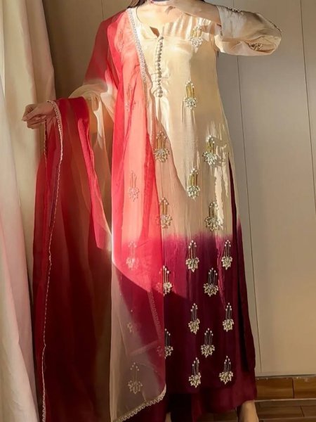 Tailored White Chinnon Silk Suit Set with Beads and Moti Work for Wedding Wear Ready To Wear Collection