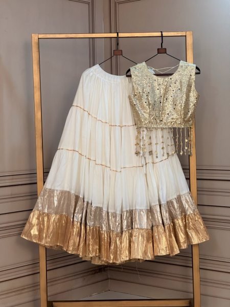 Tailored  White Rayon Lehenga with 12 Meter Flair and Sleeveless Mirror Work Blouse Navratri Lehnega Choli