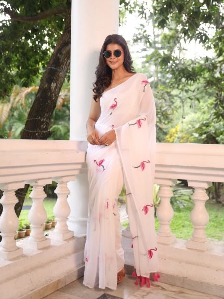 Tailored Wihte Soft Chanderi Cotton Saree with Embroidery Work for Party Printed Cotton Sarees Wholesale